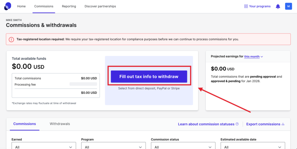 Click on fill out tax info