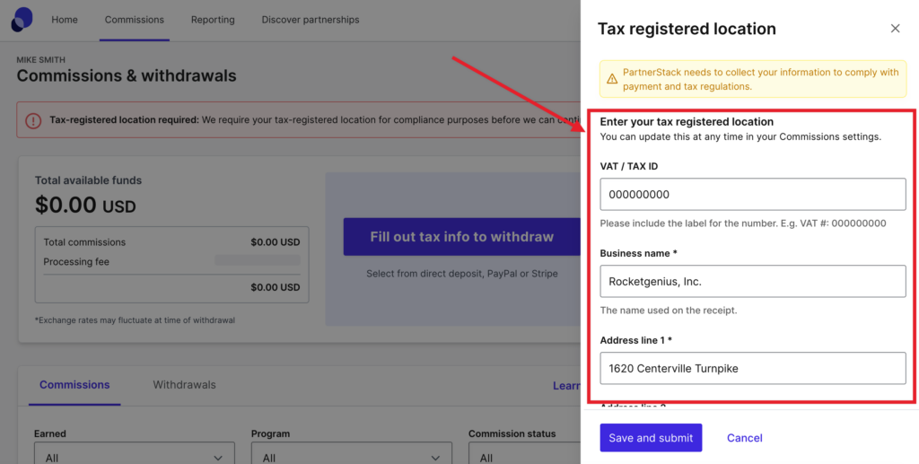 Fill in business info for tax compliance